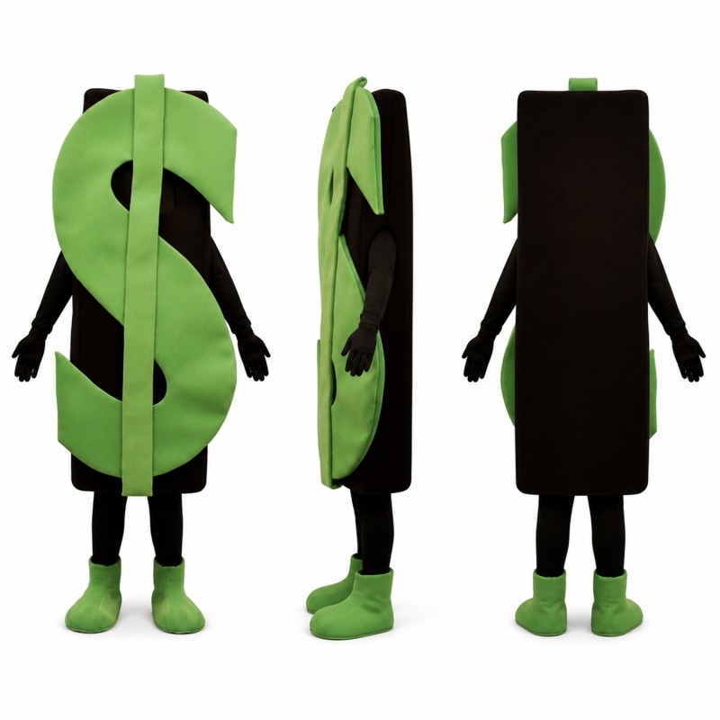 Dollar Sign Mascot Costume in Green with Black Arms Adult