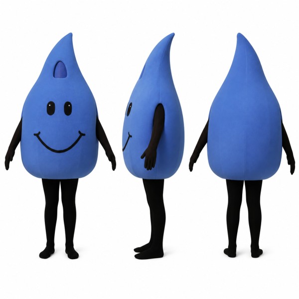 Water Drop Mascot Costume in Blue with Smiling Face Adult
