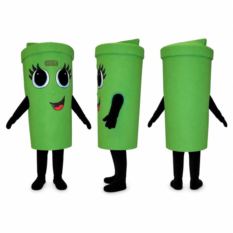 Trash Can Mascot Costume in Bright Green with Eyelashes Adult