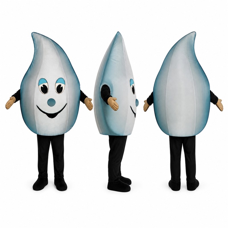 Water Drop Mascot Costume in Silver Blue with Smiling Face Adult