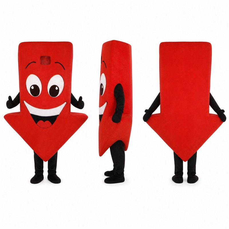 Down Arrow Mascot Costume in Red with Smiling Face Adult