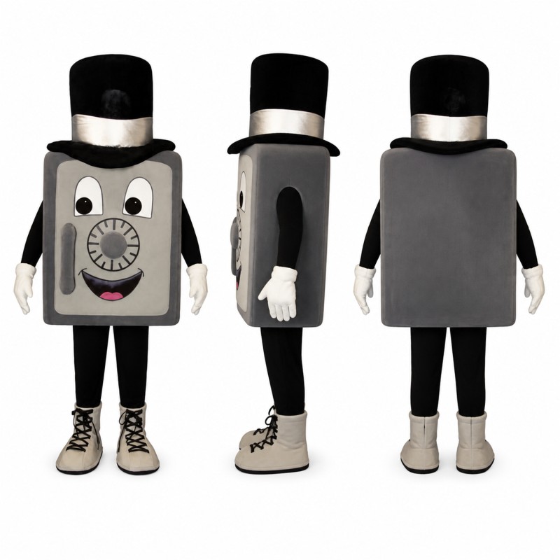 Antique Clock Mascot Costume in Gray with Black Top Hat Adult