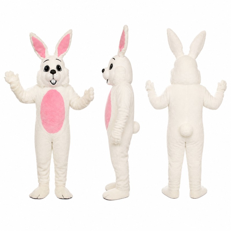 Rabbit Mascot Costume in White with Pink Belly and Ears Adult