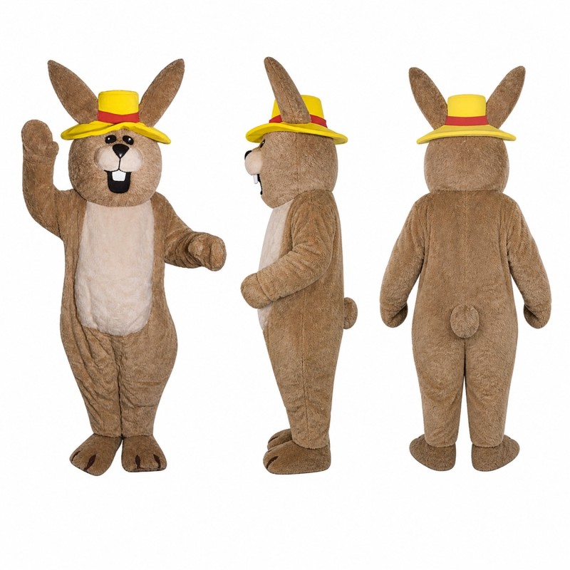 Rabbit Mascot Costume in Brown with Yellow and Red Hat Adult