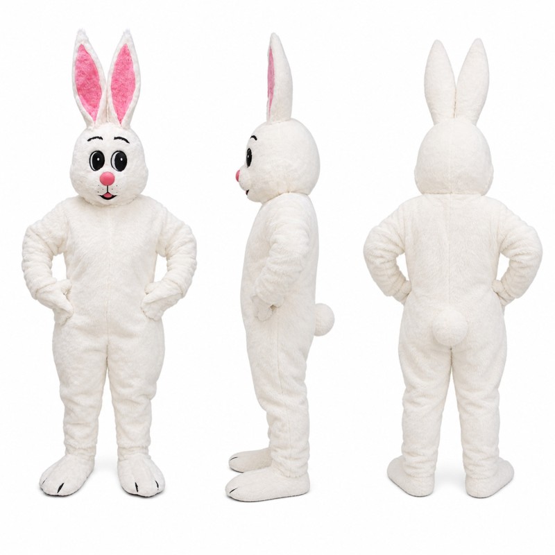 Rabbit Mascot Costume in White with Tall Pink Ears Adult