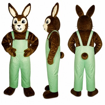 Rabbit Mascot Costume in Brown with Green Overalls Adult