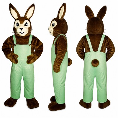 Rabbit Mascot Costume in Brown with Green Overalls Adult