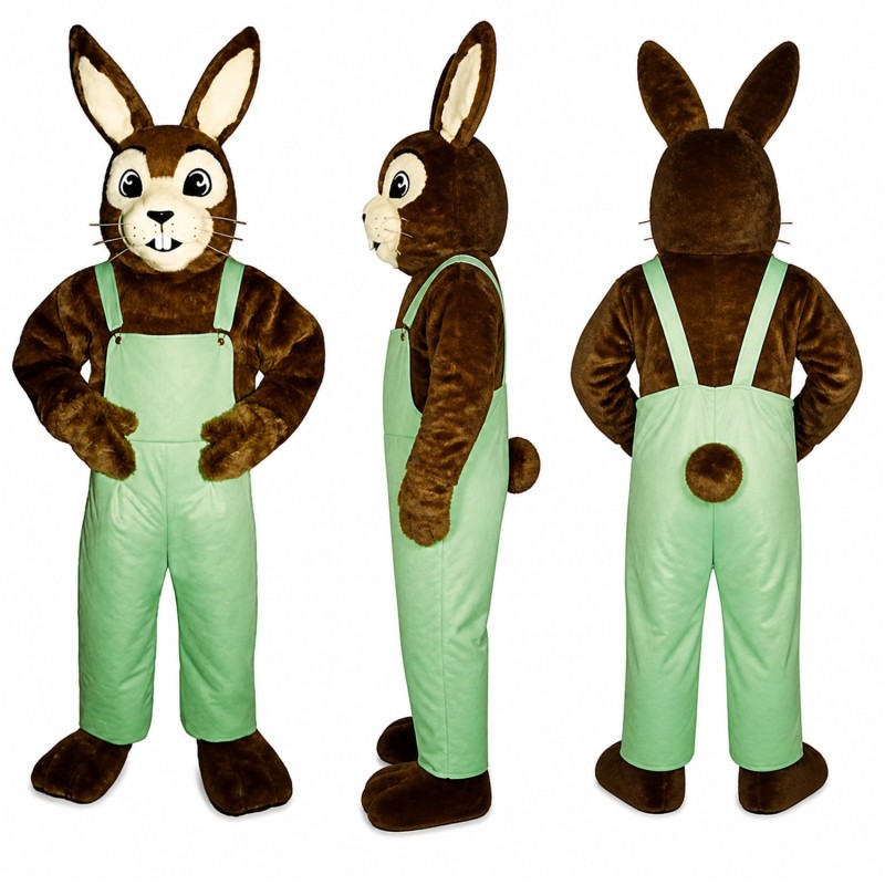Rabbit Mascot Costume in Brown with Green Overalls Adult