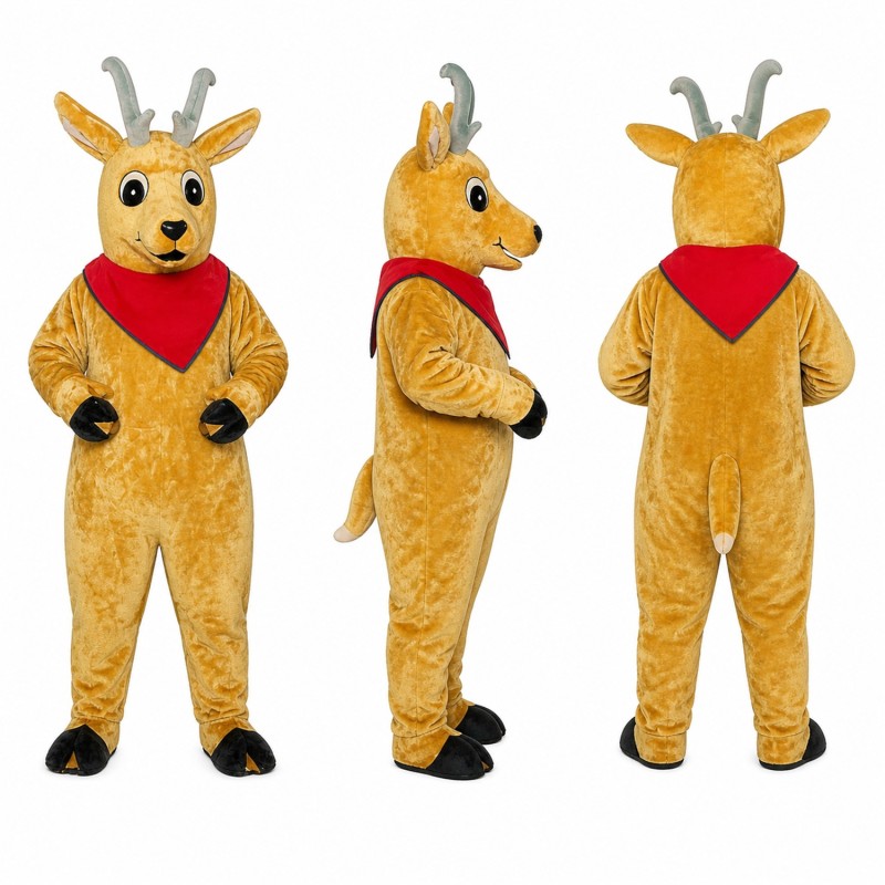 Reindeer Mascot Costume in Golden Brown with Red Scarf Adult