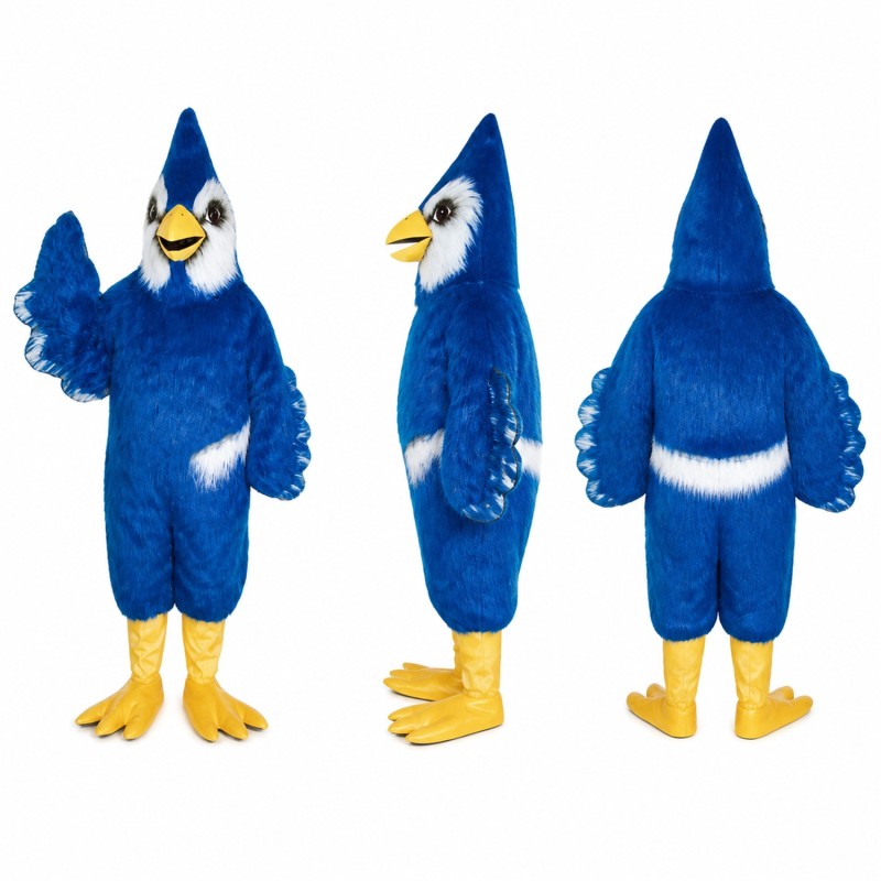 Blue Jay Mascot Costume in Bright Blue with Yellow Beak Adult