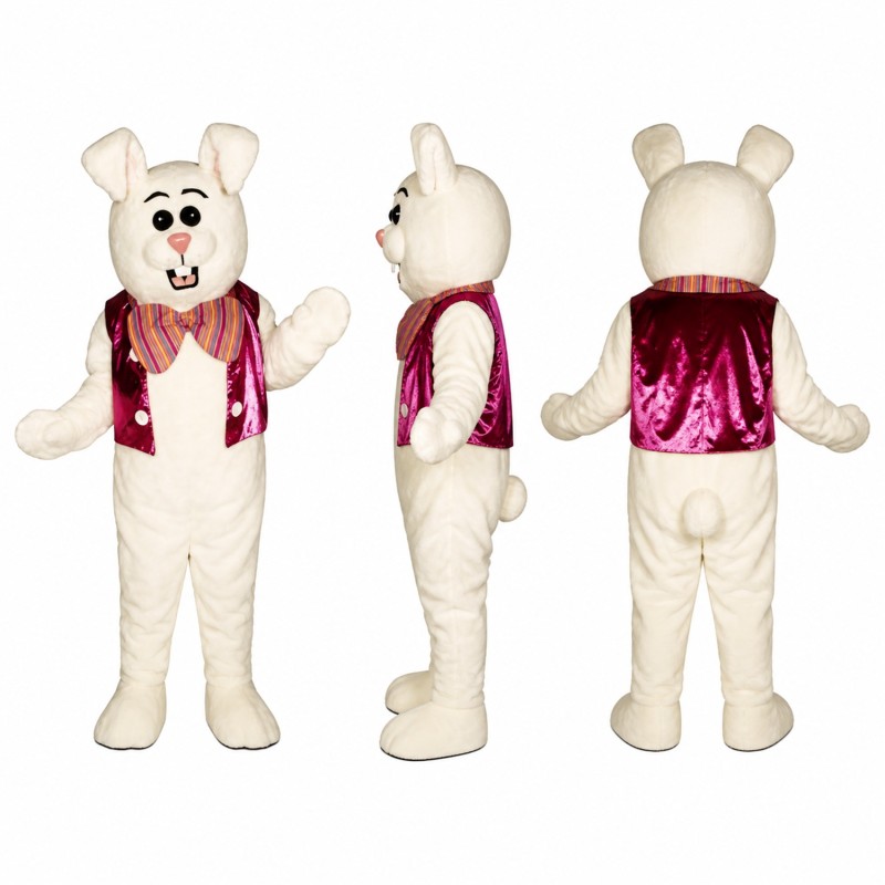 Rabbit Mascot Costume in White with Pink Patterned Vest Adult