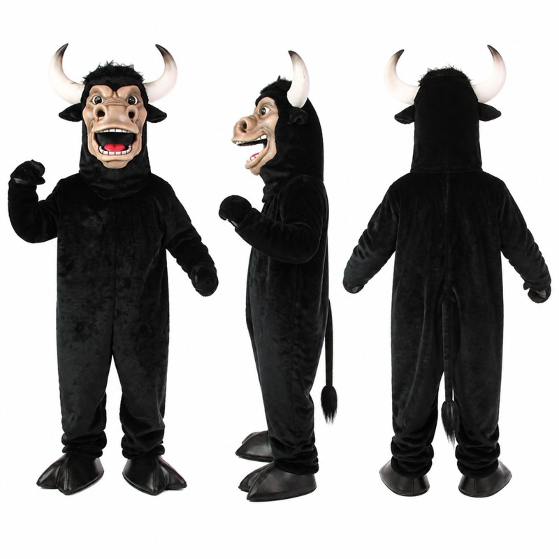 Bull Mascot Costume in Black with White Horns Adult