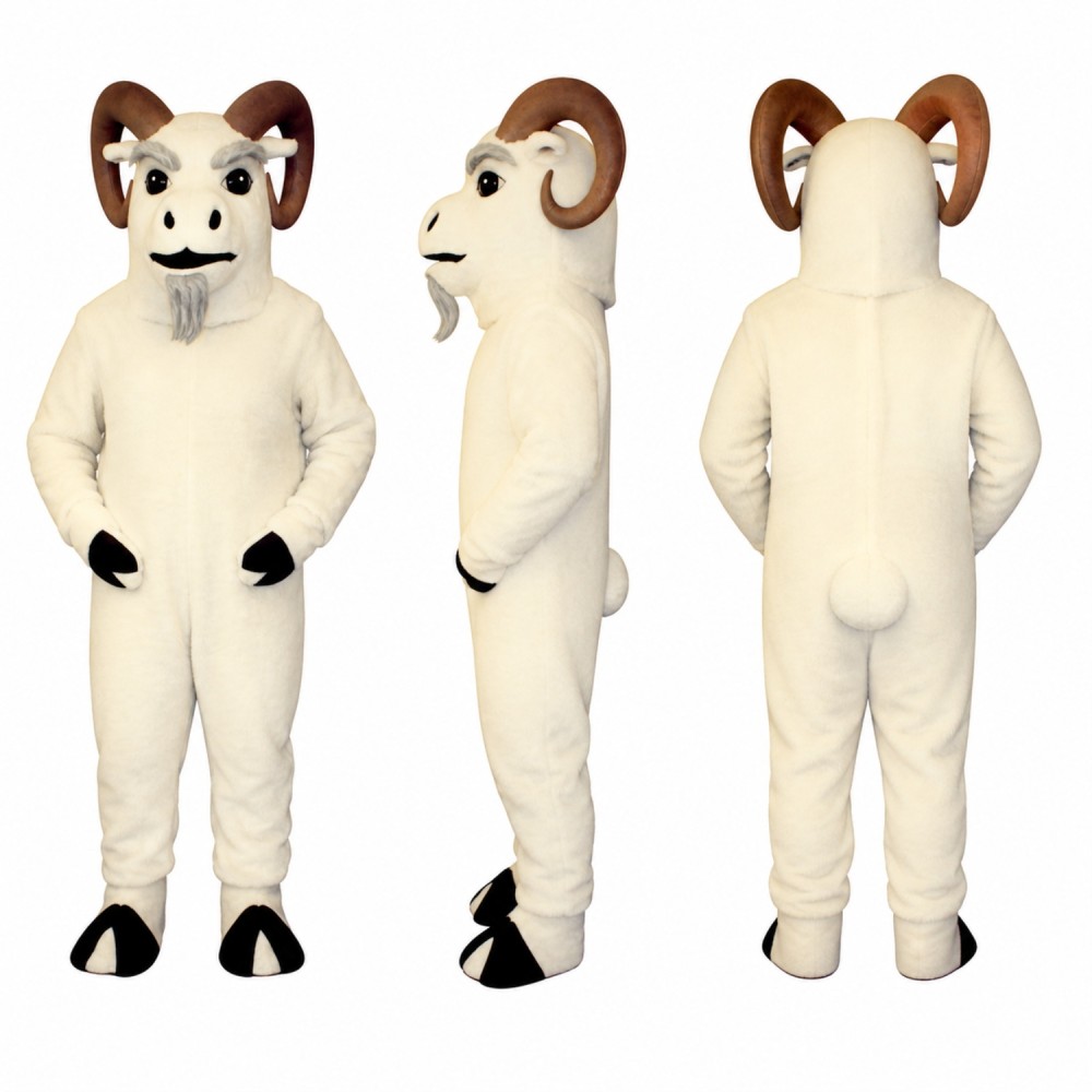 Ram Mascot Costume in White with Brown Curved Horns Adult