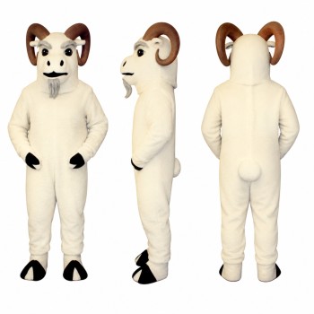 Ram Mascot Costume in White with Brown Curved Horns Adult