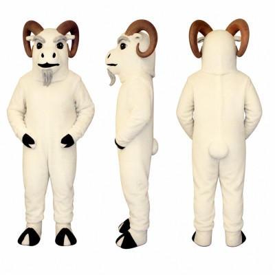 Ram Mascot Costume in White with Brown Curved Horns Adult