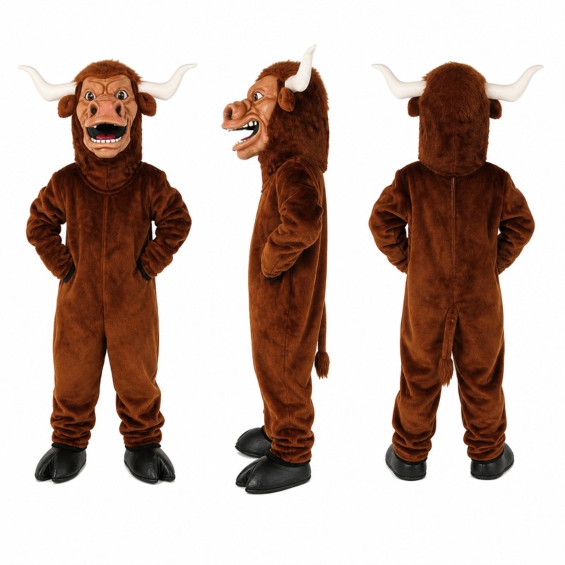 Bull Mascot Costume in Brown with White Horns Adult