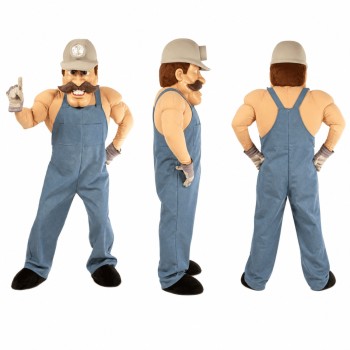 Construction Worker Mascot Costume in Blue Overalls with Hard Hat Adult