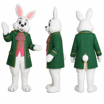 Rabbit Mascot Costume in White with Green Coat Adult
