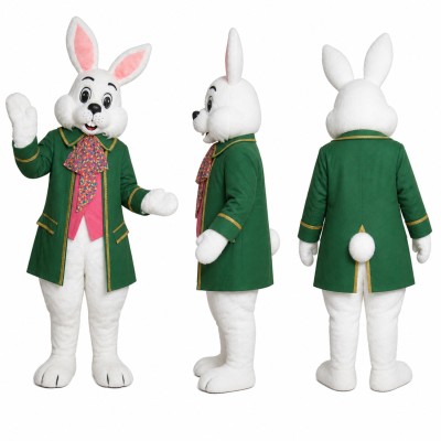 Rabbit Mascot Costume in White with Green Coat Adult