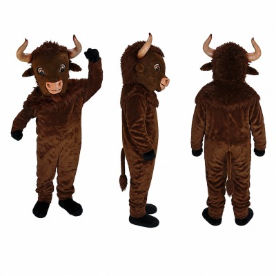 Bison Mascot Costume in Dark Brown with Curved Horns Adult