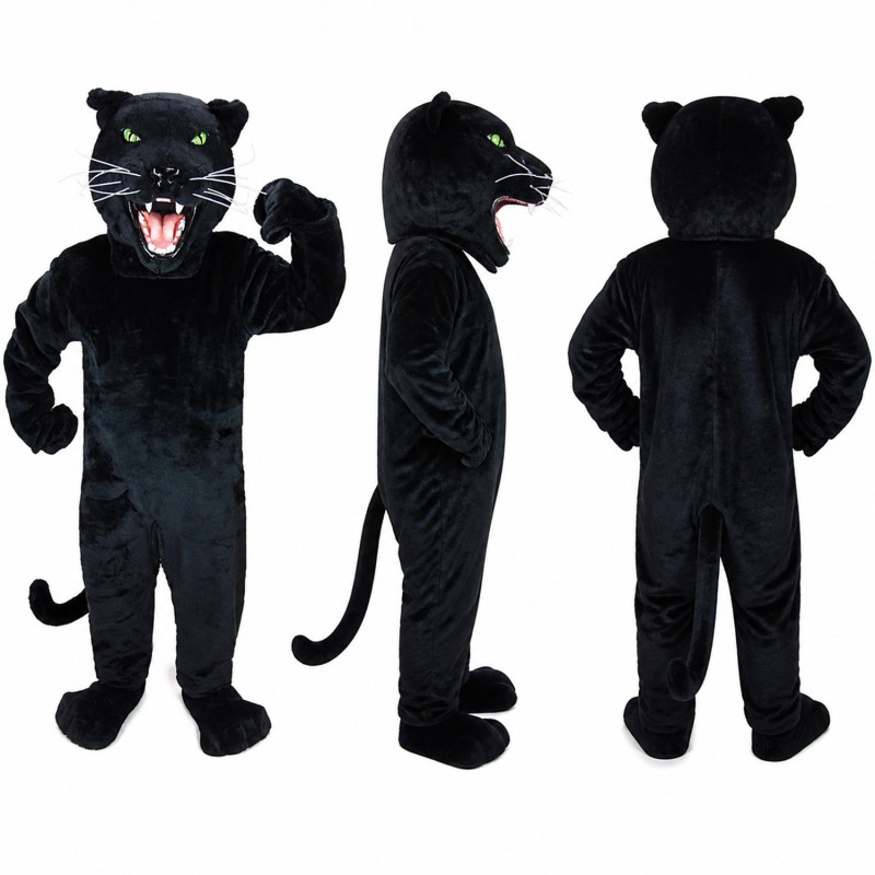 Panther Mascot Costume in Black with Open Mouth Adult
