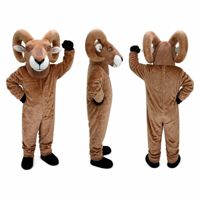 Ram Mascot Costume in Tan with Curved Horns Adult