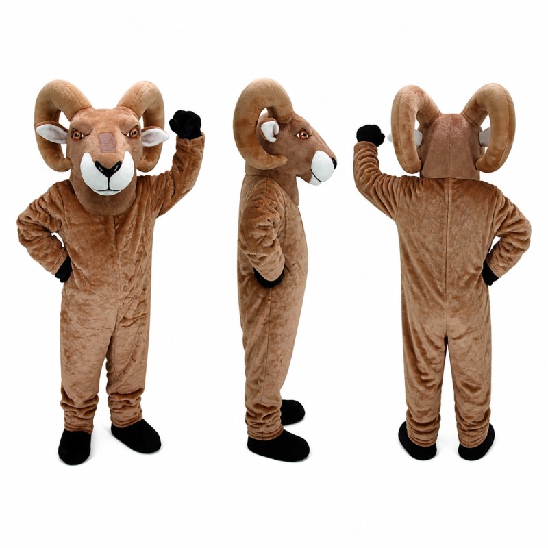 Ram Mascot Costume in Tan with Curved Horns Adult