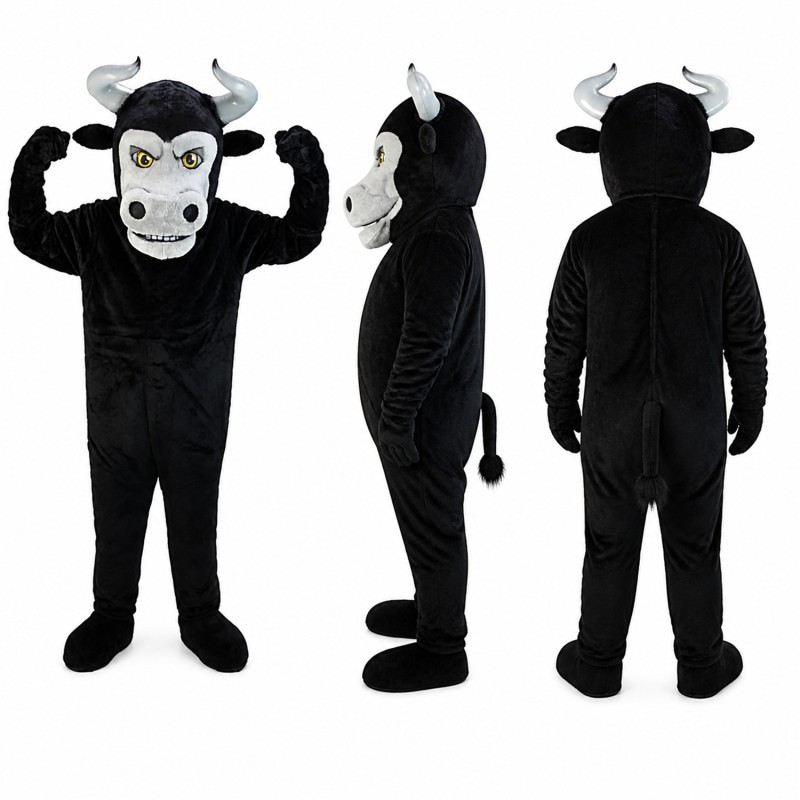 Bull Mascot Costume in Black and White with Horns Adult