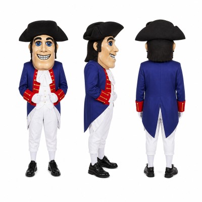 Colonial Gentleman Mascot Costume in Blue Coat with Tricorn Hat Adult