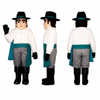 Colonial Tradesman Mascot Costume with Teal Apron and Black Hat Adult