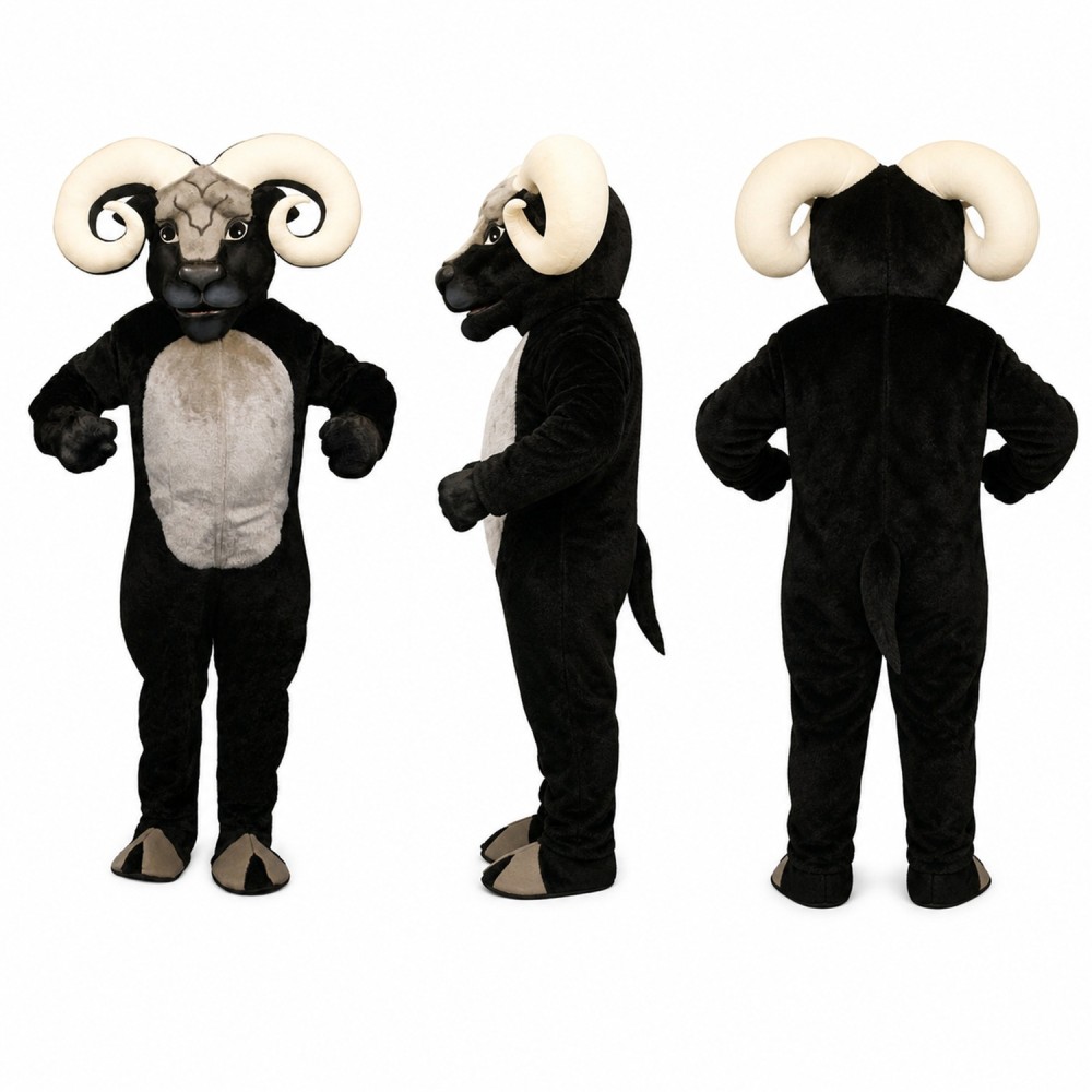 Ram Mascot Costume in Black with White Curved Horns Adult