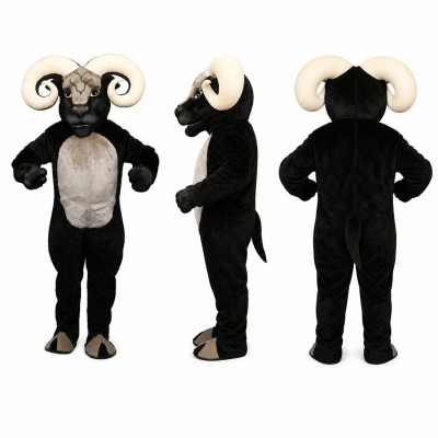 Ram Mascot Costume in Black with White Curved Horns Adult