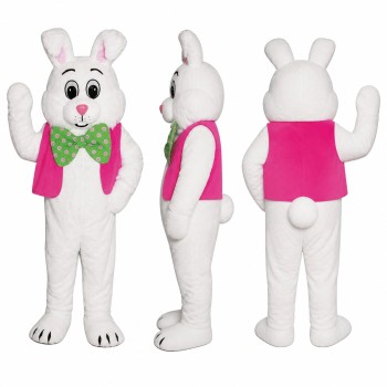 Rabbit Mascot Costume in White with Pink Vest and Green Bow Tie Adult
