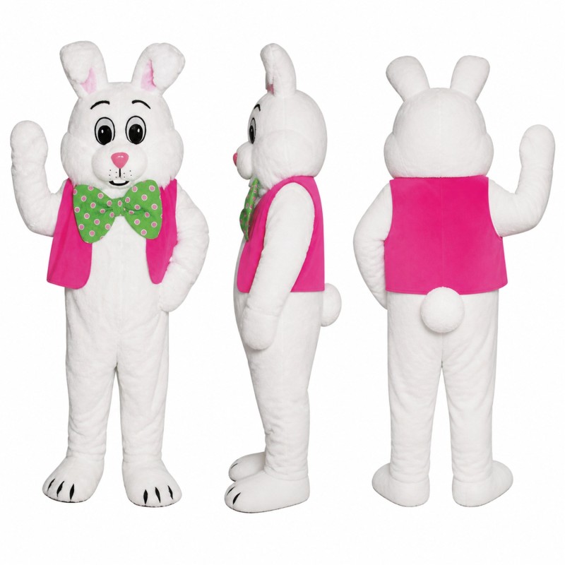 Rabbit Mascot Costume in White with Pink Vest and Green Bow Tie Adult