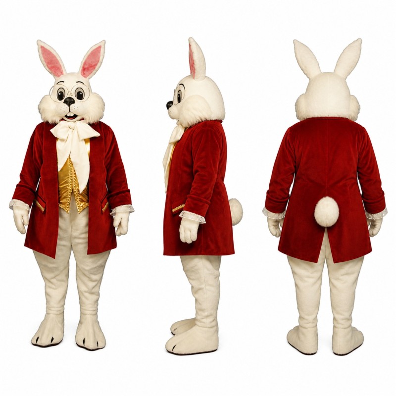 Rabbit Gentleman Mascot Costume in Cream with Red Coat Adult
