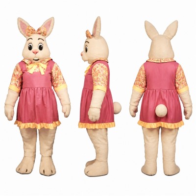 Rabbit Mascot Costume in Tan with Pink Dress Adult