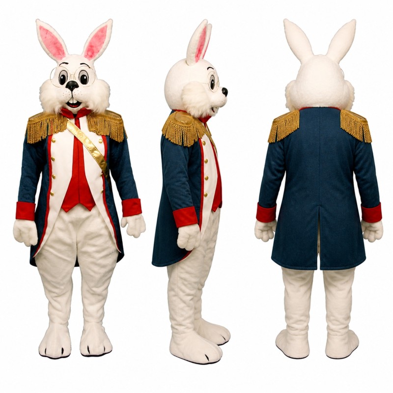 Rabbit Gentleman Mascot Costume in White with Red and Navy Coat Adult