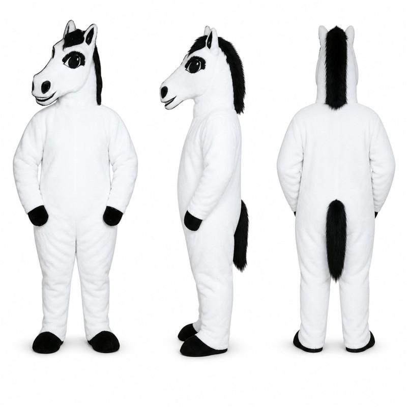 Horse Mascot Costume in White with Black Mane Adult