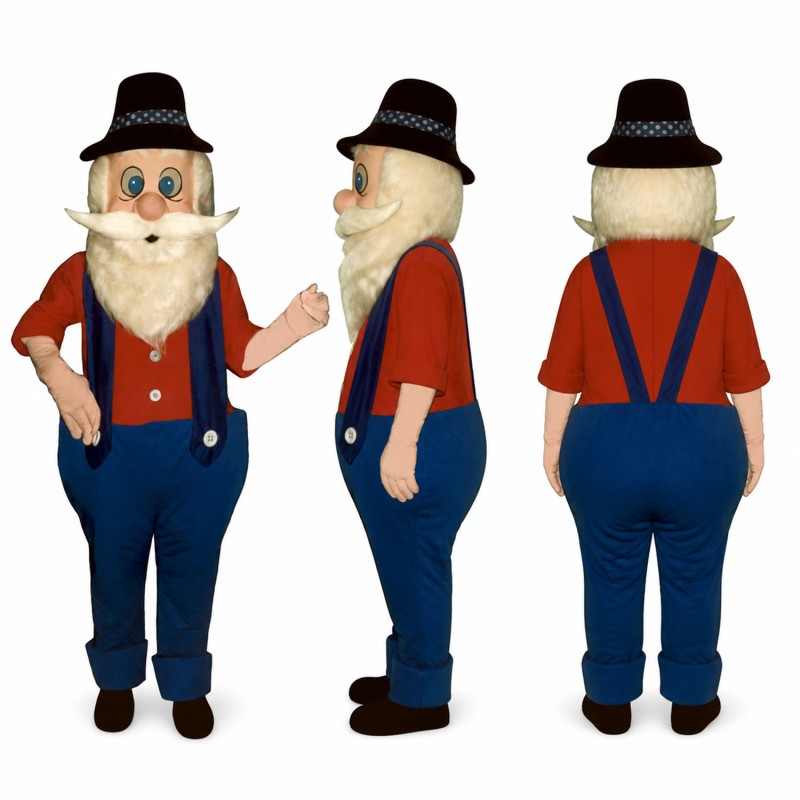 Bearded Farmer Mascot Costume with Black Hat and Blue Overalls Adult