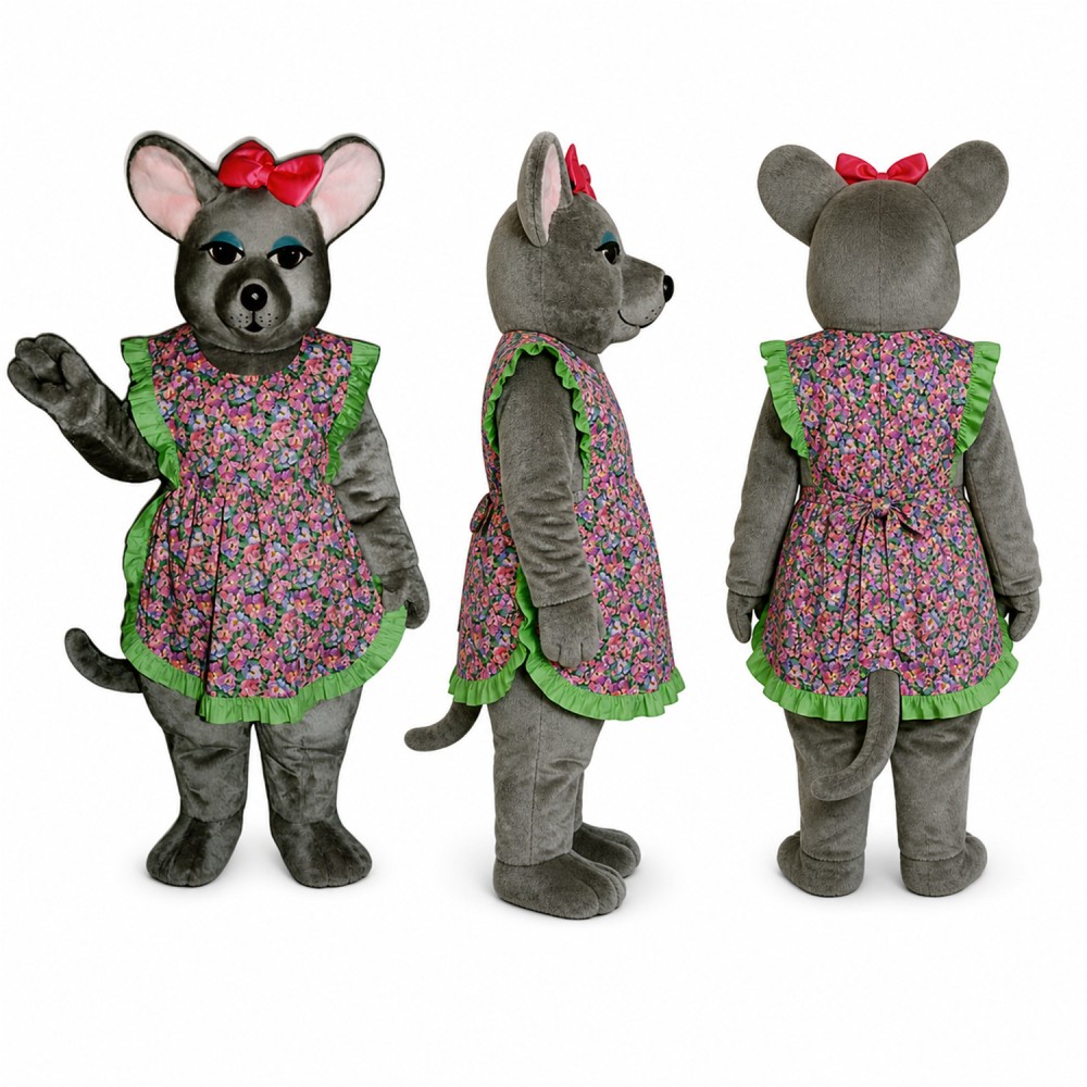 Mouse Mascot Costume in Gray with Floral Dress and Red Bow Adult Mouse Mascot Costume in Gray with Floral Dress and Red Bow Adult
