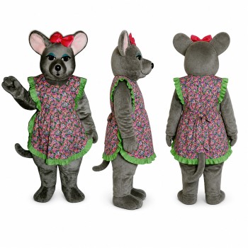 Mouse Mascot Costume in Gray with Floral Dress and Red Bow Adult
