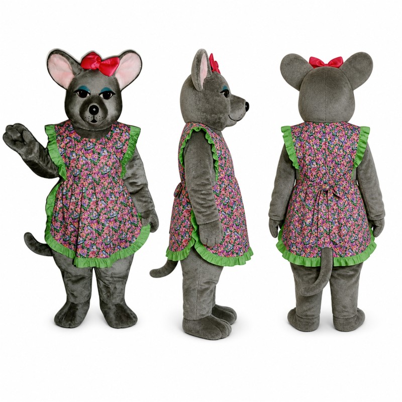 Mouse Mascot Costume in Gray with Floral Dress and Red Bow Adult