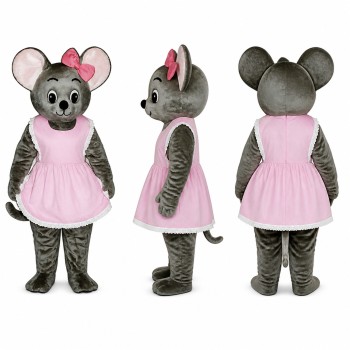 Mouse Mascot Costume in Gray with Pink Dress and Bow Adult