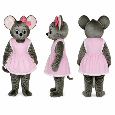 Mouse Mascot Costume in Gray with Pink Dress and Bow Adult