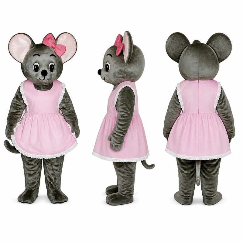 Mouse Mascot Costume in Gray with Pink Dress and Bow Adult