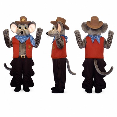 Cowboy Mouse Mascot Costume in Gray with Brown Hat Adult