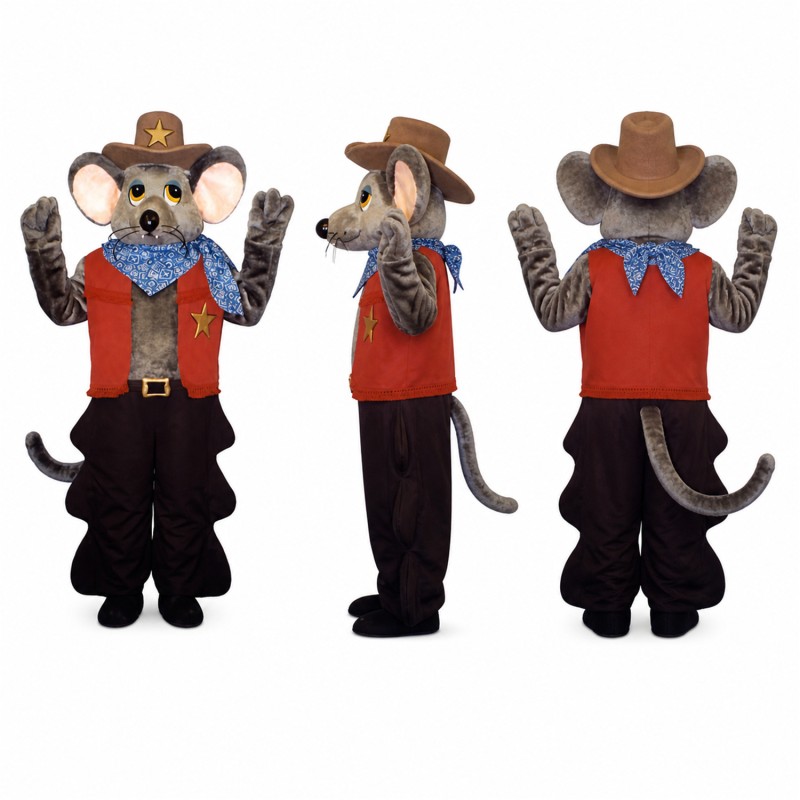 Cowboy Mouse Mascot Costume in Gray with Brown Hat Adult