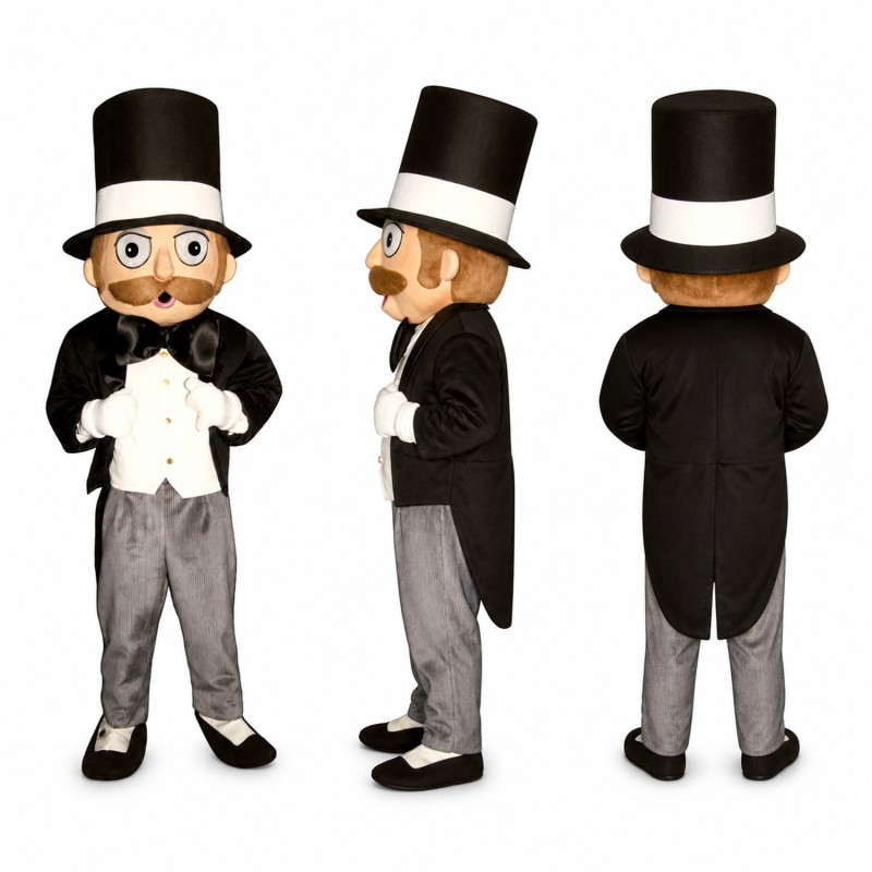 Formal Gentleman Mascot Costume in Black Tuxedo with Top Hat Adult