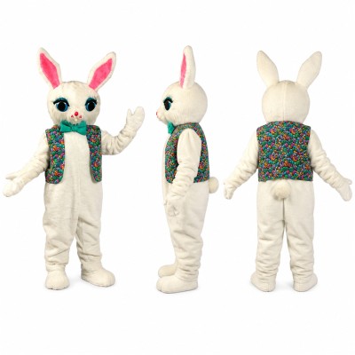 Rabbit Mascot Costume in White with Floral Vest Adult