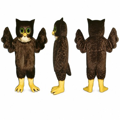 Owl Mascot Costume in Dark Brown with Green Eyes Adult